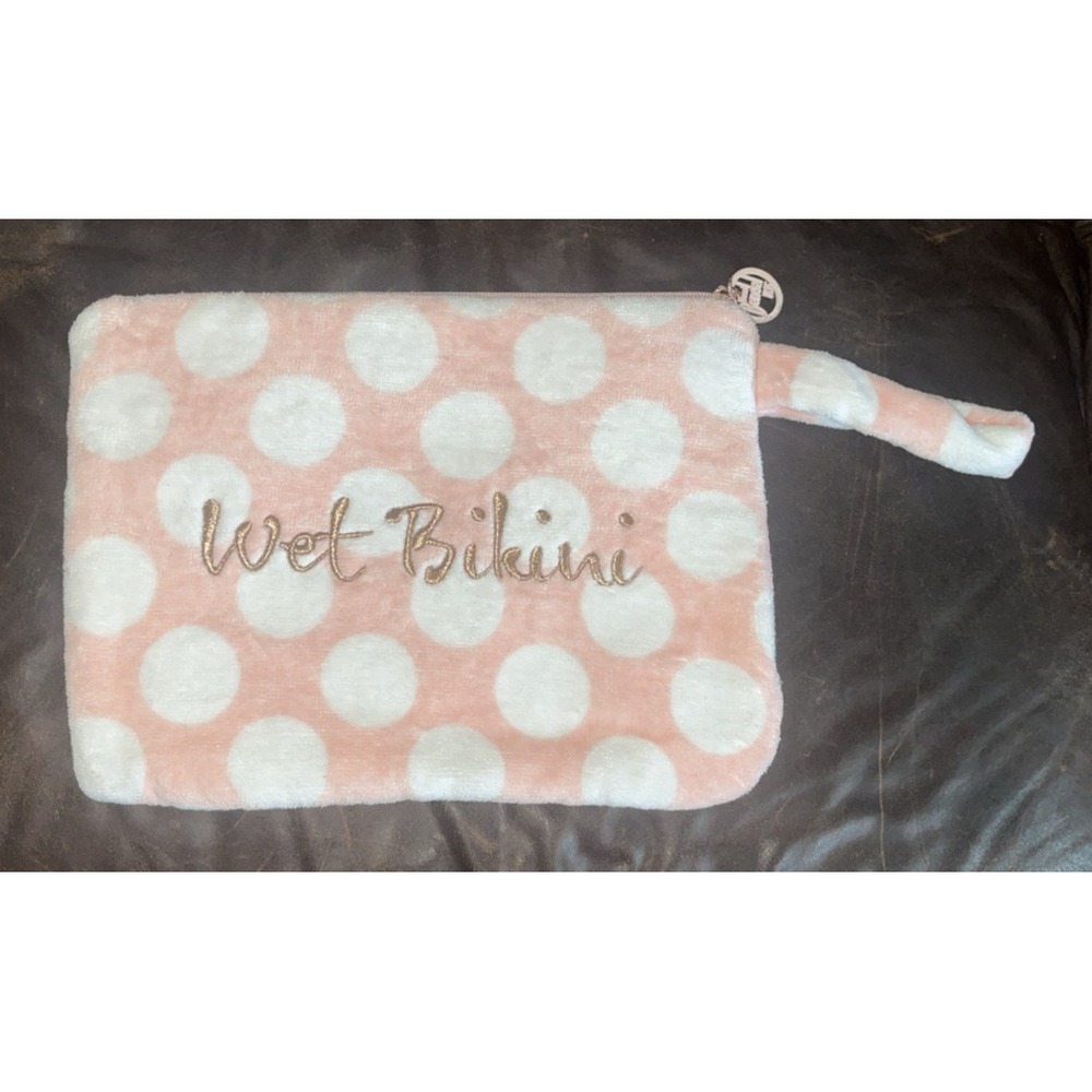 Henri Bendel Wet Bikini Clutch Wristlet Pink White Dots Terry Cloth Vinyl Lined